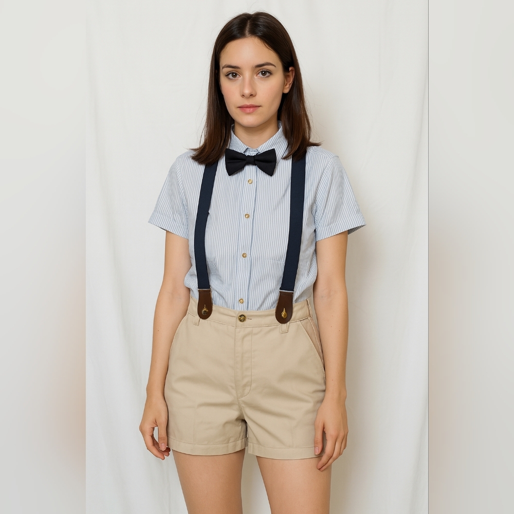 Blue Striped Shirt with Bow Tie and Tan Shorts